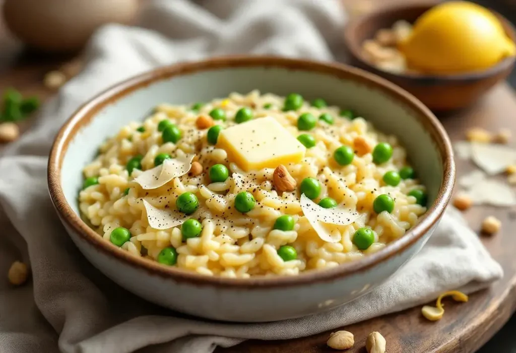 Un risotto tout doux et ultra crémeux aux poireaux, petits pois et parmesan : un dîner doudou prêt en 25 minutes sans une goutte de vin